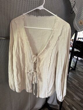SHEIN Cream Tie-Front Textured Long Sleeve Tunic Top